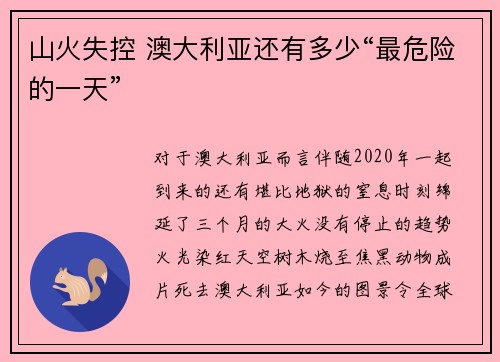 山火失控 澳大利亚还有多少“最危险的一天”